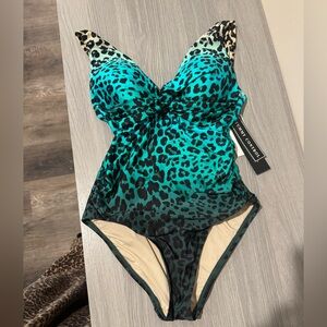 La Blanca Teal and Black Leopard One Piece